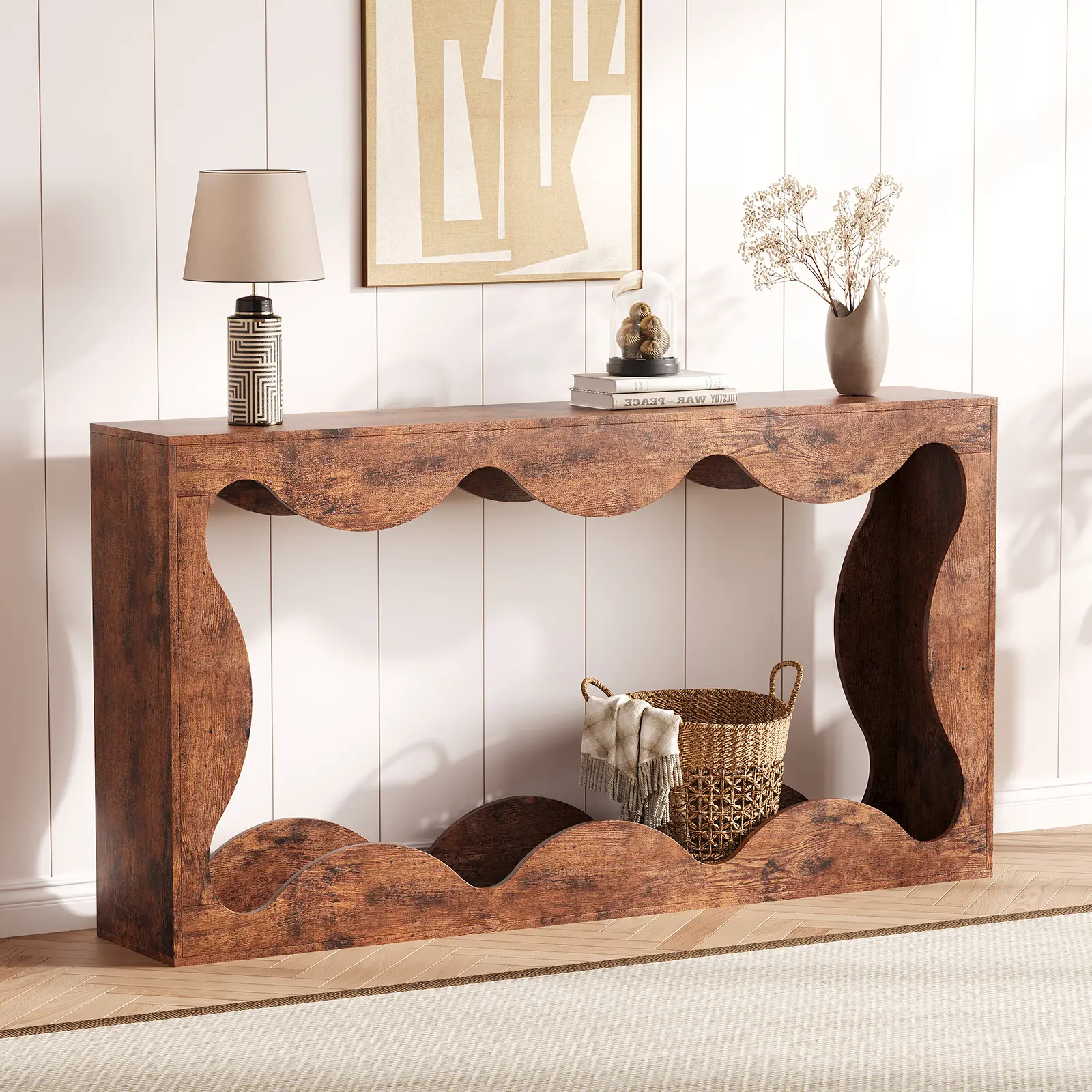 63 Inch Farmhouse Narrow Console Table with Open Storage Shelf, Rustic Natural Wood Accent Table for Entryway, Behind Sofa & Hallway, Simple Fast Assembly