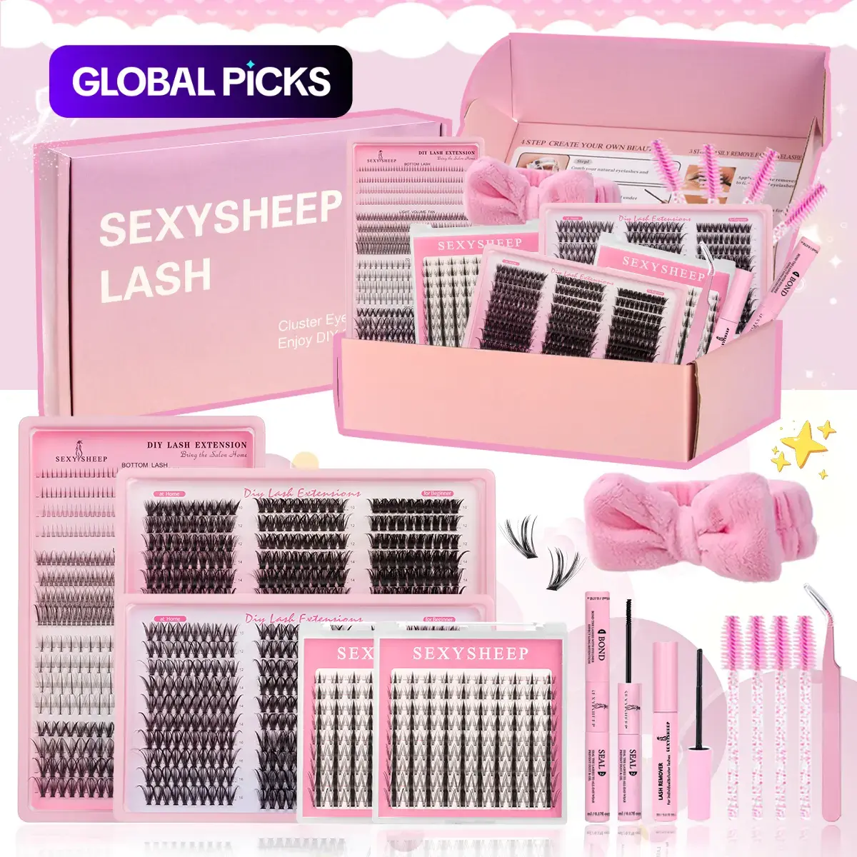 Mixed Style False Eyelash Gift Box, Faux Cluster Lashes, Cluster False Eyelashes, Individual Eyelash Extension Kit with Soft Curled Lash Clusters, Glue, Remover, Tweezers, Brushes and Headband, DIY False Lash Cluster Extensions #GLOBAL PICKS