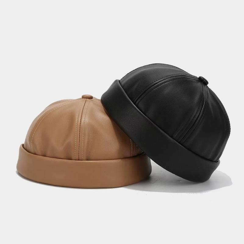 Adjustizable Retro Brimless PU Leather Docker Cap - Solid Color Brimless Hat Suitable for Non-Textile Adjustable Strap Casual & -Casual Wear Ideal for & Sensitive Light Beige