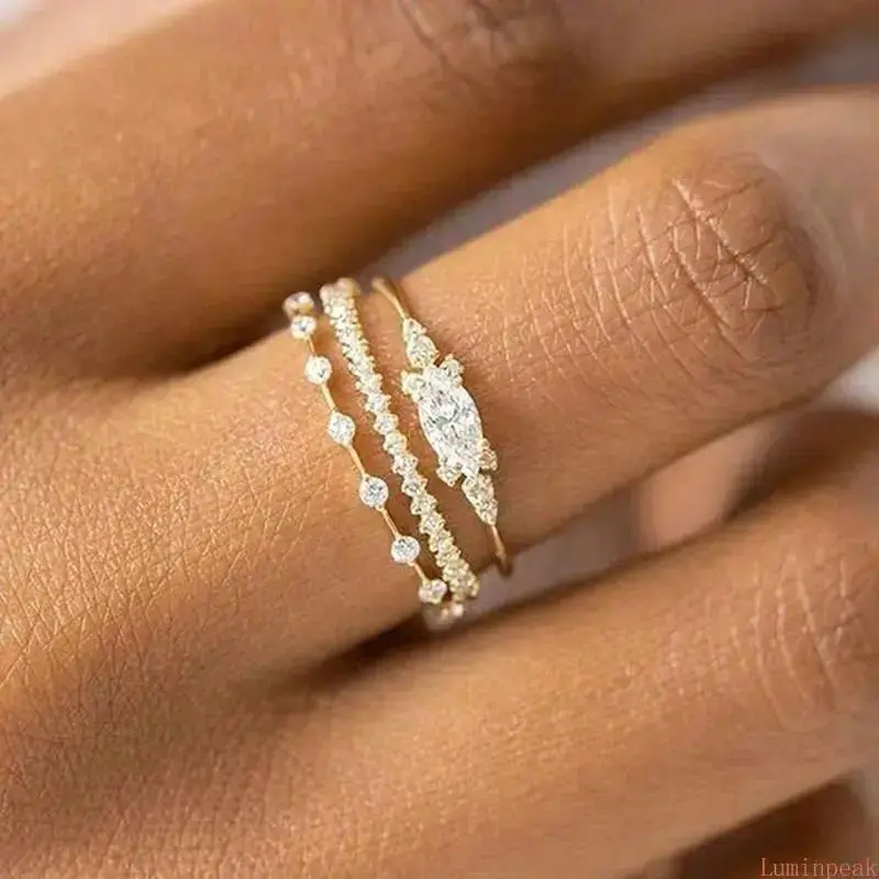 Women's Minimalist Stacking CZ Ring Set, Dainty Marquise-Cut Cubic Zirconia, Lightweight Elegant Casual Female Daily Wear Jewelry, Gold-Silver Tones, Elegant Casual Ring, Versatile For Everyday Jewelry, Layered Stack, Stackable Rings, Dainty Stacking Ring