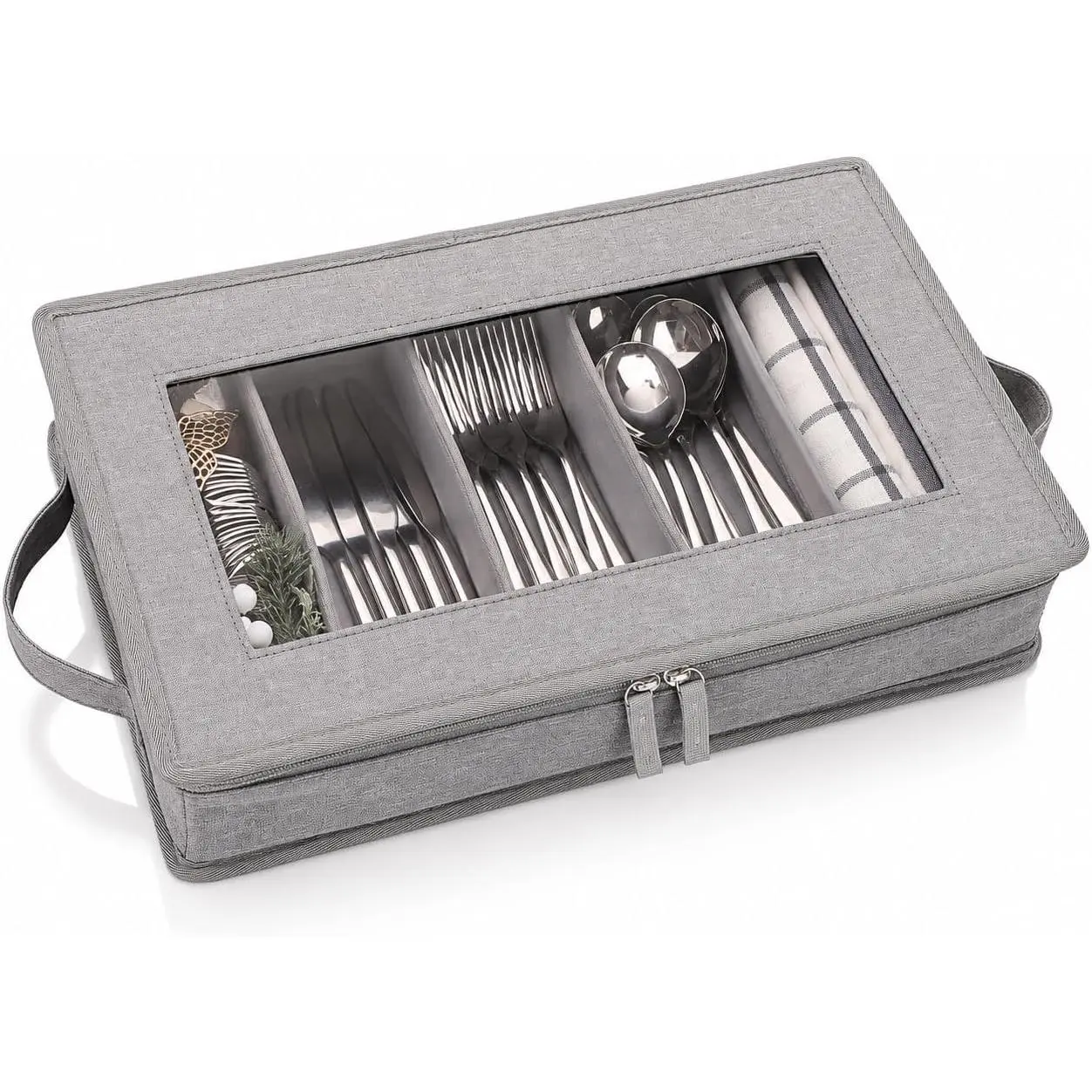 Flatware Utensil Storage Case, Grey Silverware Storage Box Chest with Adjustable Dividers, Removable Cutlery Storage Holder with Zipper Lid for Organizing Spoon/Flatware/