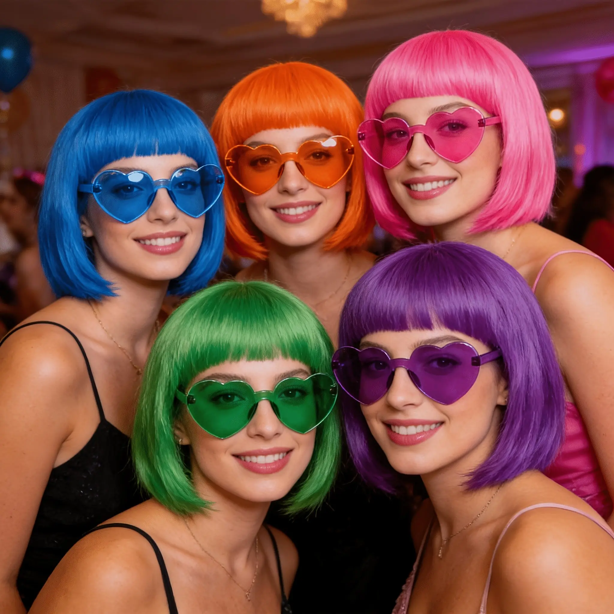 10 Piece Party Props Set, 5 Colorful Wigs + 5 Heart Frameless Glasses, Bold Rainbow Pop Style, Singles Pride Photo Booth Props, Group Party Accessories