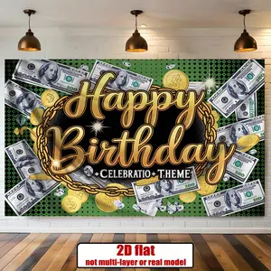 2D Flat, 1-Piece Birthday Party Banner - Money and Coin Design, Featuring a Golden One-Dollar Bill, Birthday Text - Green Background Decoration, Suitable for Birthdays, Halloween, Christmas, Weddings, Business Events - Durable Polyester Fabric for Indoor/