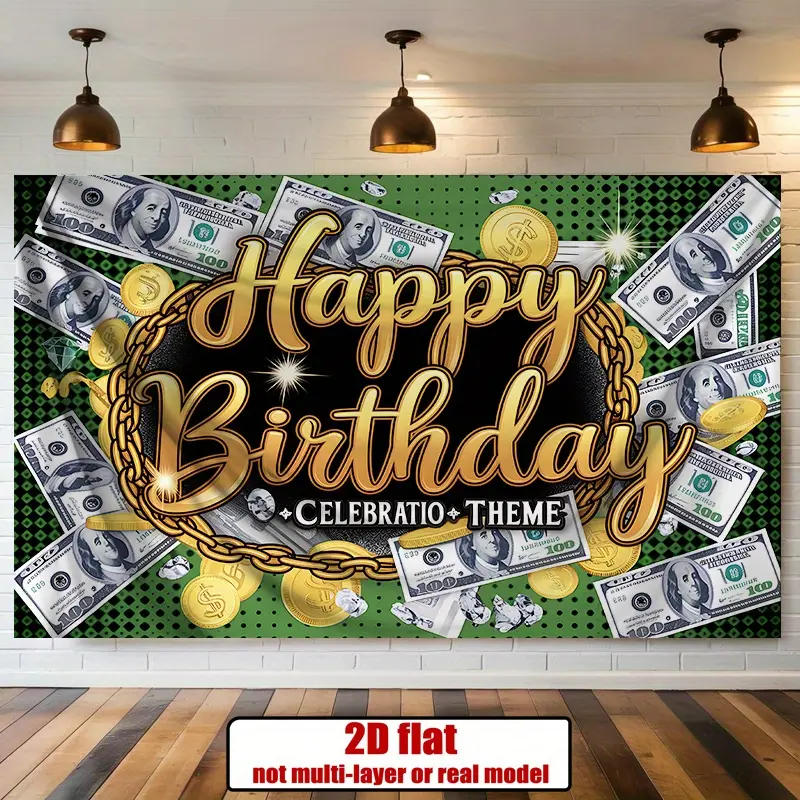 1-Piece Money Coins Themed 2D Flat Party Banner, Golden 1-Dollar Bill Design, Birthday Text, Green Background, Durable Polyester, Party Decorations, Indoor Festive Backdrop, One-Piece