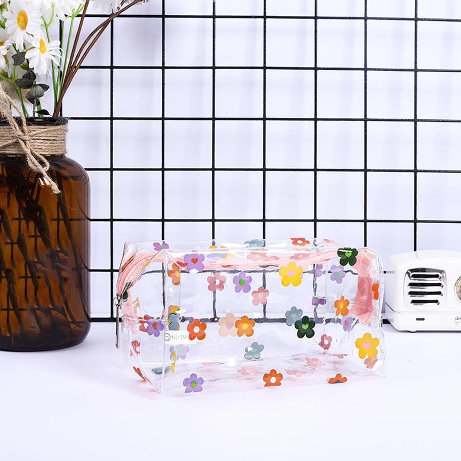 3pcs Transparent Flower Makeup Bag, Summer Floral Pattern Clear Cosmetic Bag with Zip, Portable Makeup Organizer Pouch, Multifunctional Waterproof Toiletry Bag