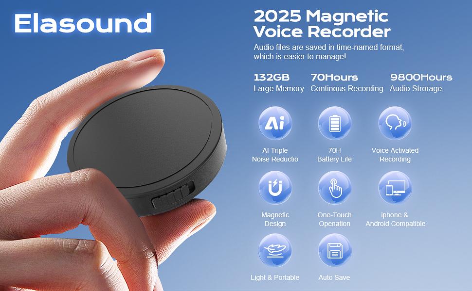 132G (9800 Hour) Voice Activated Recorder - Elasound Voice Recorder with AI-Intelligent Triple Noise Reduction, Portable Audio Recorder for Work, Lectures, Meetings, 100H Continuous Recording Device