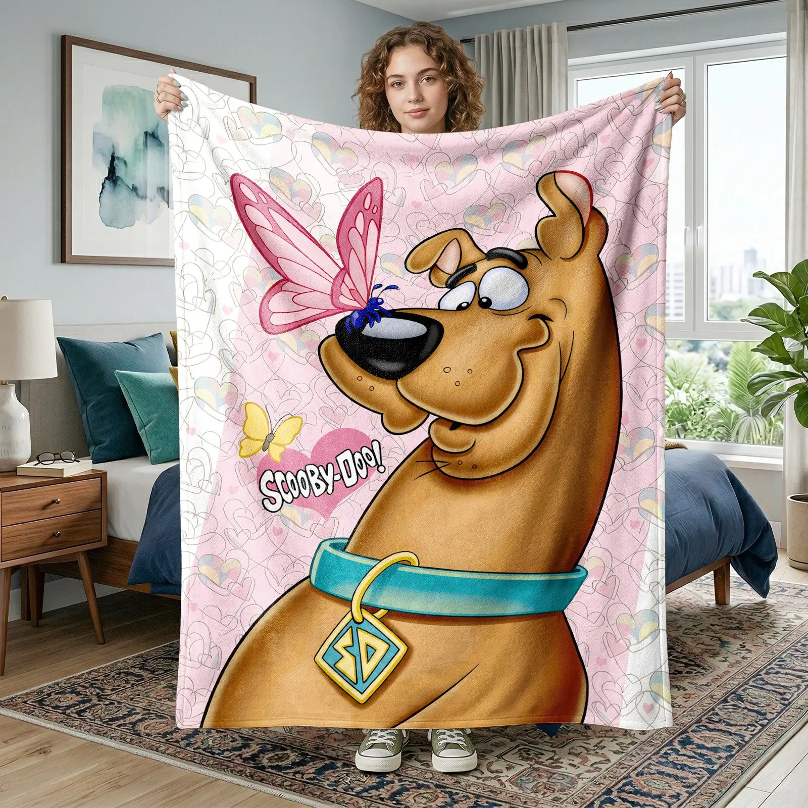 1pc Scooby-Doo Cartoon Fleece Blanket Sweet Scooby Dog Butterflies Pink Heart Background Print Cute Vintage American Cartoon Style Soft Multi-use Throw for Sofa Bed Office Camping Ideal for Classic Cartoon Fans Gifts