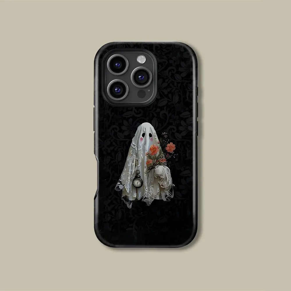 Halloween Ghost With Flowers And Pocket Watch Print phone cases, stylish, shockproof, and sturdy 2-in-1 protective case, compatible with iPhone 17/16/15/14/13/12/11 Pro Max Pro Plus and Samsung Galaxy S23/S24/S25/S26 Ultra, making it a great gift.