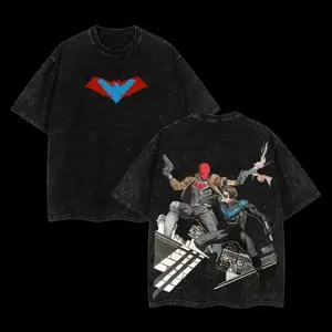 Retro Nightwing Blue Bird & Red Hood Red Bat Combined Logo Front Chest Print & City Rooftop Dual Hero Richard Grayson Jason Todd Combat Back Graphic Dual-Sided Vintage Washed Black T-Shirt, Unisex Oversized Heavyweight Cotton Streetwear Top