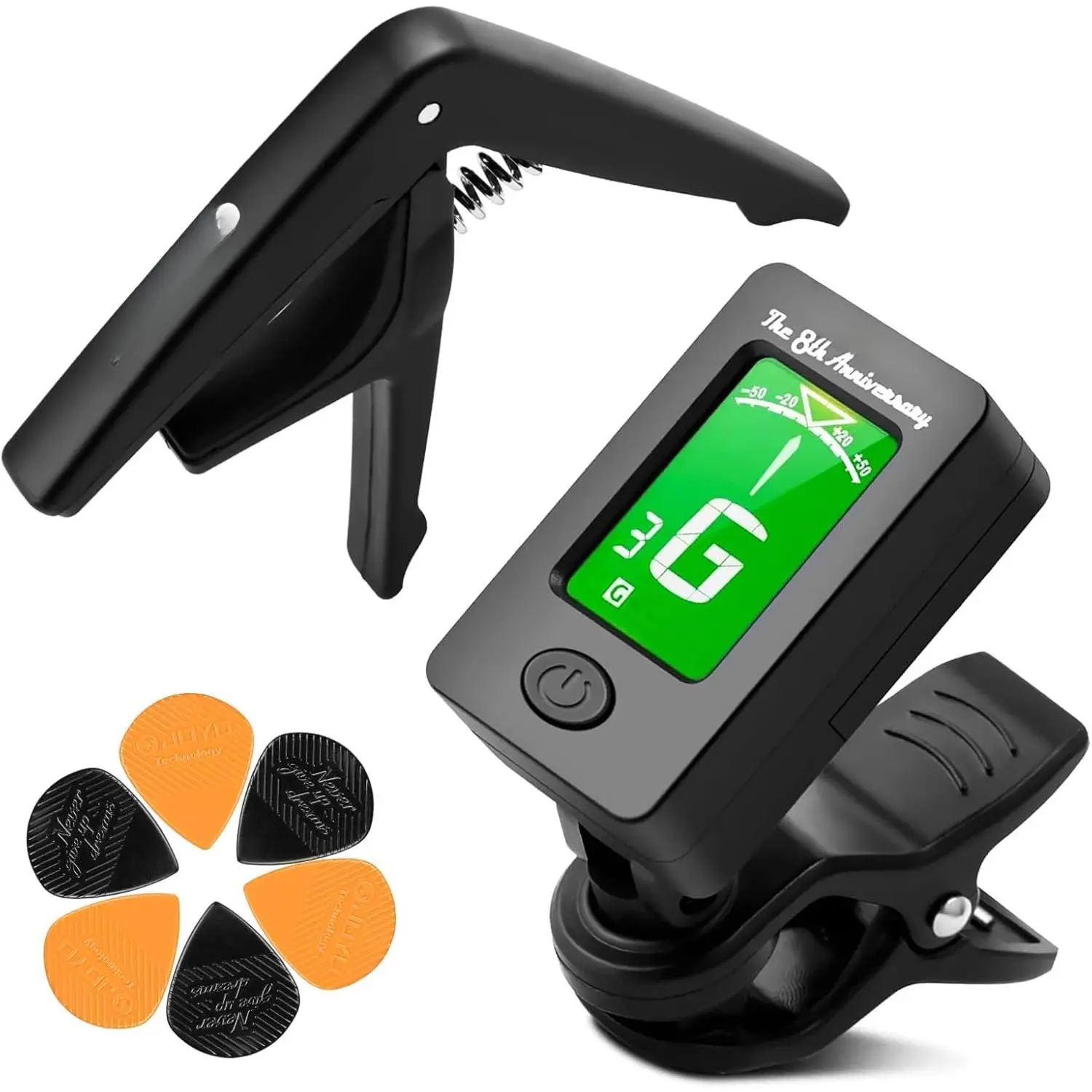 Guitar Tuner and Capo Set – Clip  Chromatic Guitar Tuner with LCD Display &  Guitar Capo & Picks –  Accurate Tuning for Acoustic Electric Guitar, Bass, Ukulele, Violin (JTCP-01)
