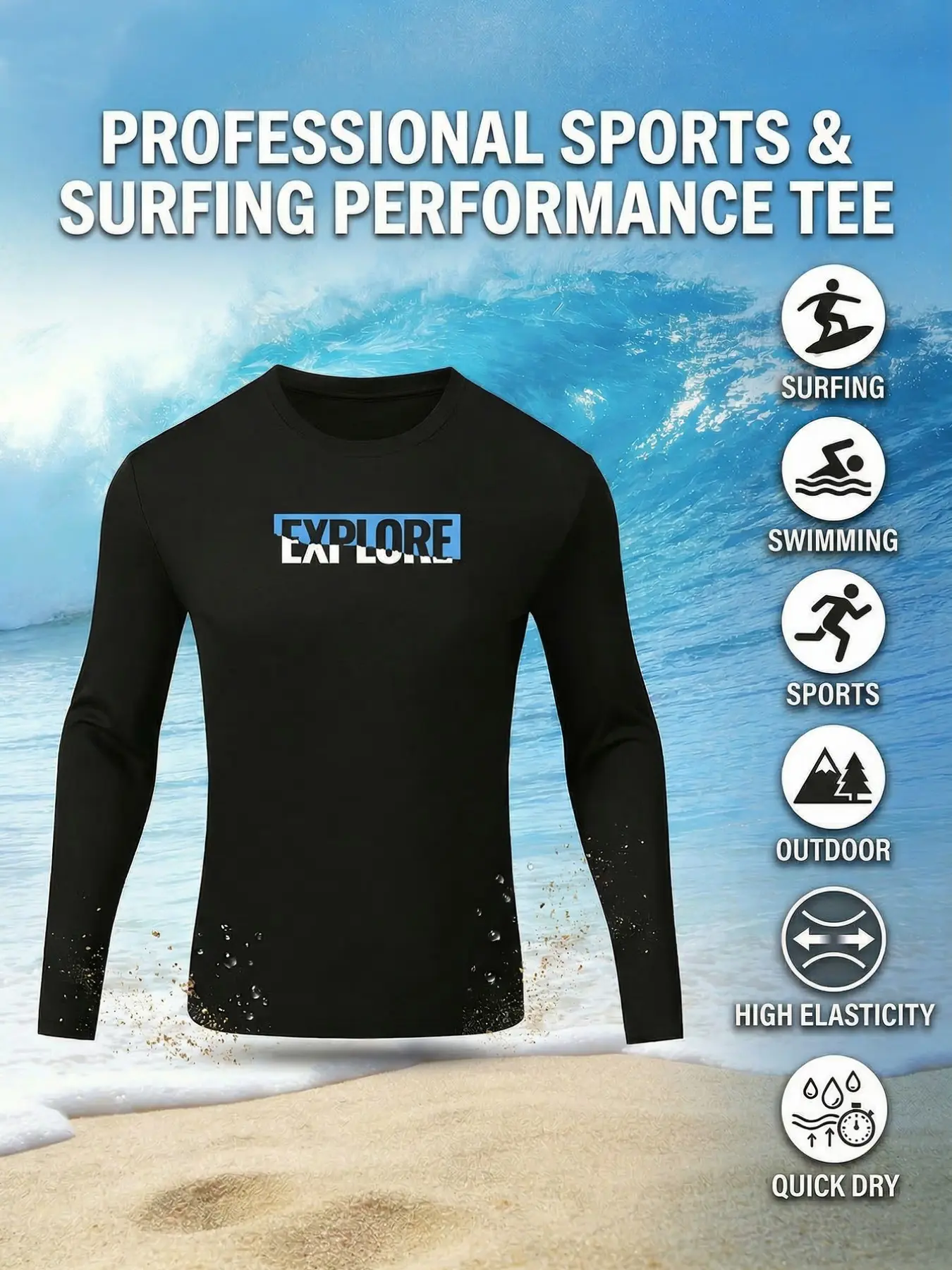 Men's Multifunctional Surfing Top Rash Guard, Quick Dry, Breathable, High Stretch, Letter Print, Ideal for Summer Beach, Running, Cycling, Swimming