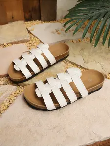 Women's Cross Woven Strap Soft Cork Footbed Slides, Vintage Casual Flat Outdoor Birken Style Slide Sandals