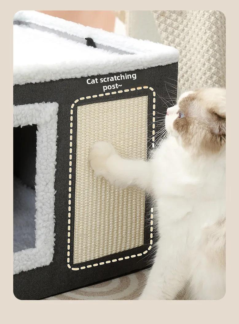 Cat Bed House Scratch Pad Foldable Square Design Solid Pattern Fashion Style Cat Cave Hideaway Cube Removable Washable Cushions for Indoor Cats Comfortable Cozy Pet Sleeping Nest with Scratching Function