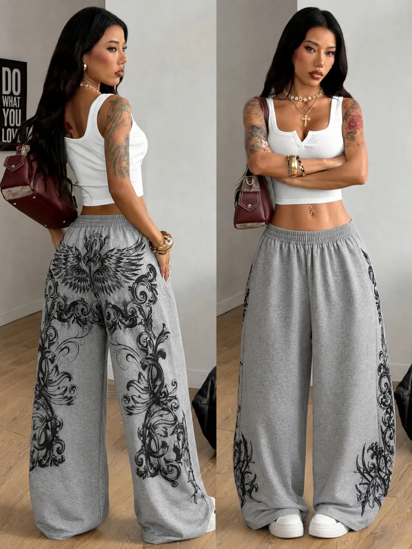 Women's Grey Gothic Thorn Print Elastic Waist Wide Leg Sweatpants, Soft Fleece Fabric, Loose Floor Length Casual Trousers, Grunge Y2K Streetwear Bottoms With Side Pockets