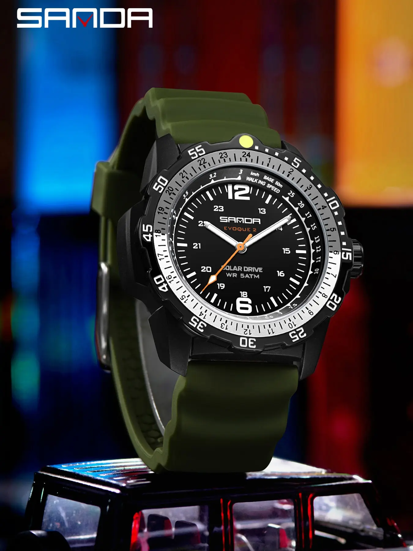 Sanda 6302 Solar Powered Men's Quartz Watch, Quartz Analog Wristwatch, Unidirectional Rotating Bezel, Luminous Dial, 50m Waterproof, Silicone Outdoor Dive Watch