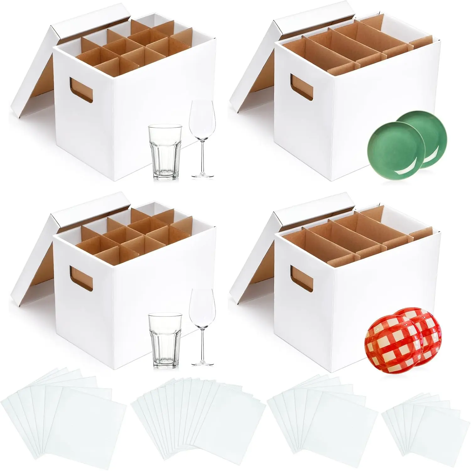 Kitchen Cardboard Organiser 4-Set for Moving Day, Modern Kitchen Ware Storage Boxes with Dividers, Handles, 15x12x10in Size, 2 Cup-Plate Cases, 20 Corrugate Dividers, 36 Glass Storage Pouches