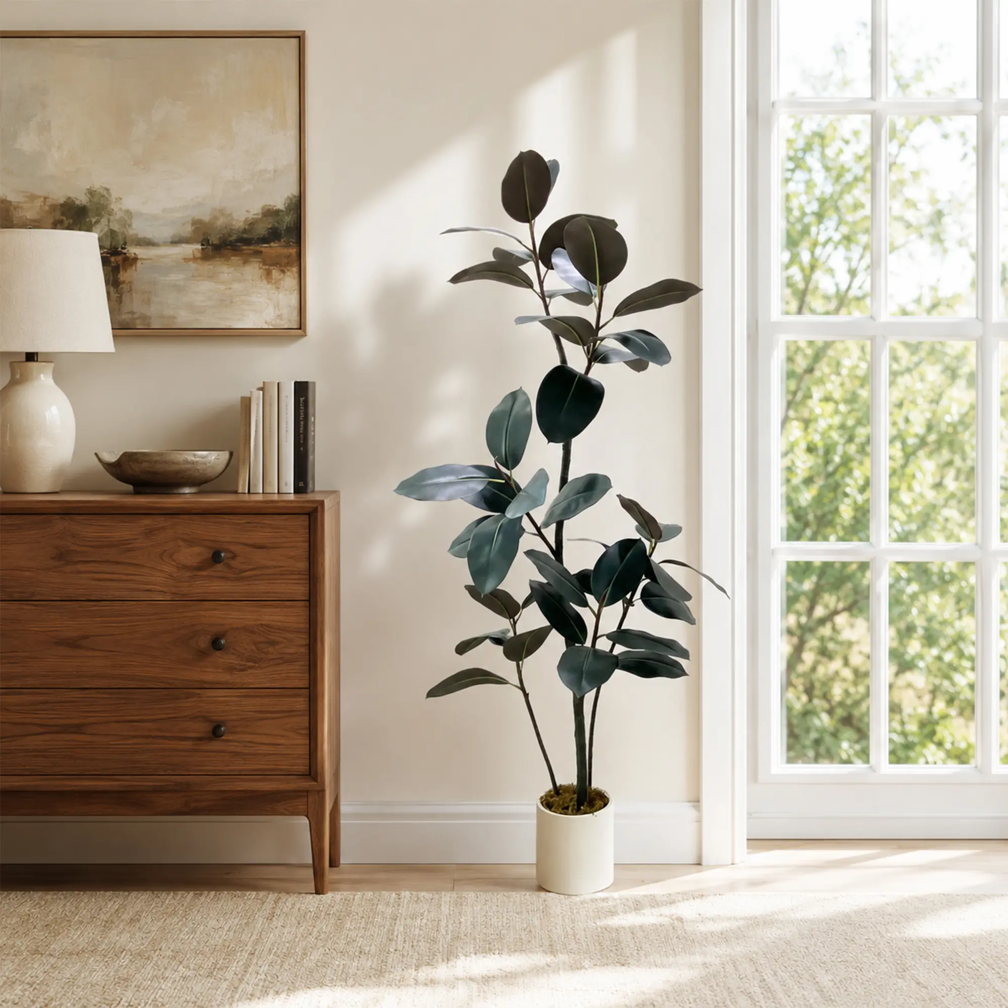 5/6 FT Artificial Rubber Tree – Fake Plant with Pot, Large Faux Tree That Looks Real, No Water No Sun Needed, Lifelike Floor Plant for Living Room Bedroom Office Decor, Zero Maintenance Greenery