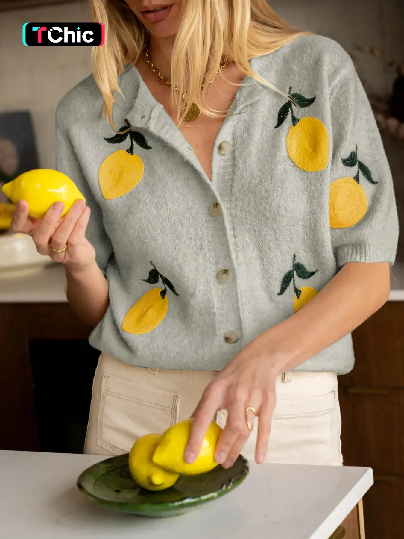 Women's Round Neck Lemon Embroidery Single Button Short Sleeve Loose Casual Versatile Fashion Knit Cardigan Knitwear – Daily Commute Wear