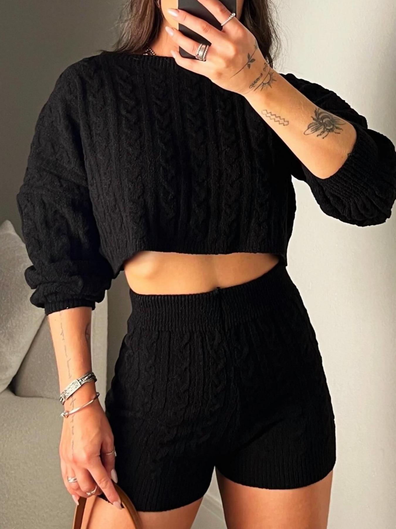 Women's 2 Pcs Sweater Set, Crew Neck Cable Knit Long Sleeve Knitted Crop Top & High Waist Shorts Set, Autumn/Winter Casual Fashion Cozy Chic Soft 2 Piece Sweater Set, Women Fall Outfit, Winter Loungewear Set, Cute Winter Knit Set, Fall Clothes for Women