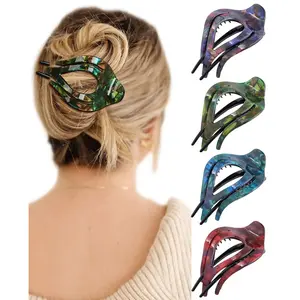 Curved Acrylic Hair Clips - 4Pcs Thick Flat Strong Hold Clips Women (Crack Pattern: Blue/Green/Red/Purple)