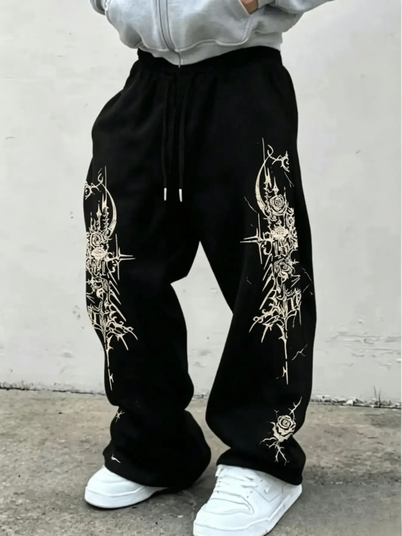 Gothic Dark Aesthetic Baggy Oversized Wide Leg Pants - Unisex Tribal Graphic Print Casual Trendy Versatile Streetwear Trousers - High Waisted Relaxed Fit Cargo-style Pants for Cyberpunk Look, Music Festivals & Urban Dance, Casual Chic Bottoms