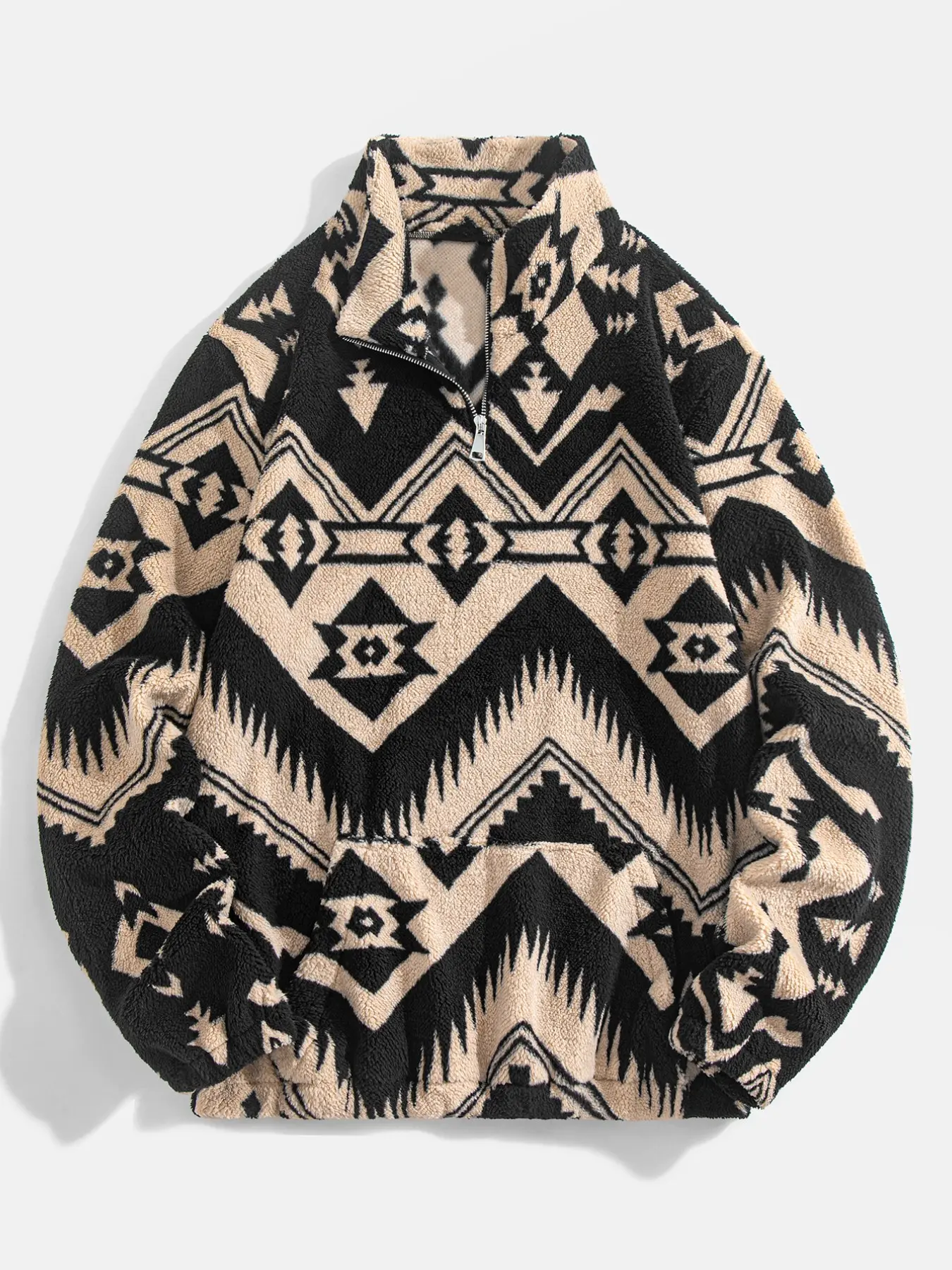 Winter Men Retro Ethnic Pattern Plush Half Zip Sweatshirt, Stand Collar Soft Fluffy Pullover, Pocket Design Loose Warm Casual Top, Casual Fashion Sweatshirt