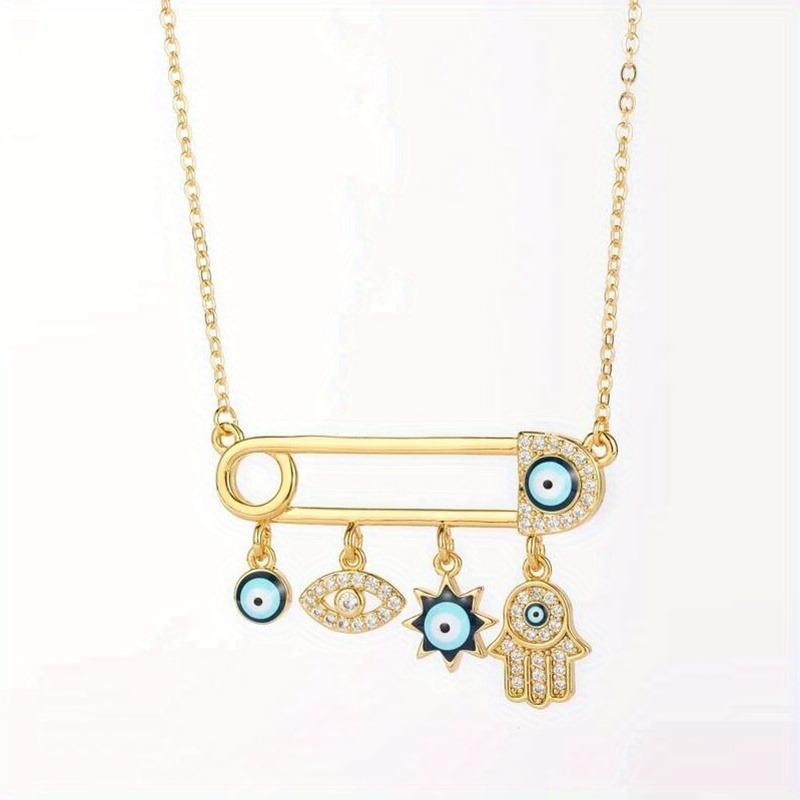 Golden Plated Evil Eye Hamsa Hand Choker Necklace with Rhinestone Safety Pin Charm – Boho Lucky Amulet for Women and Girls