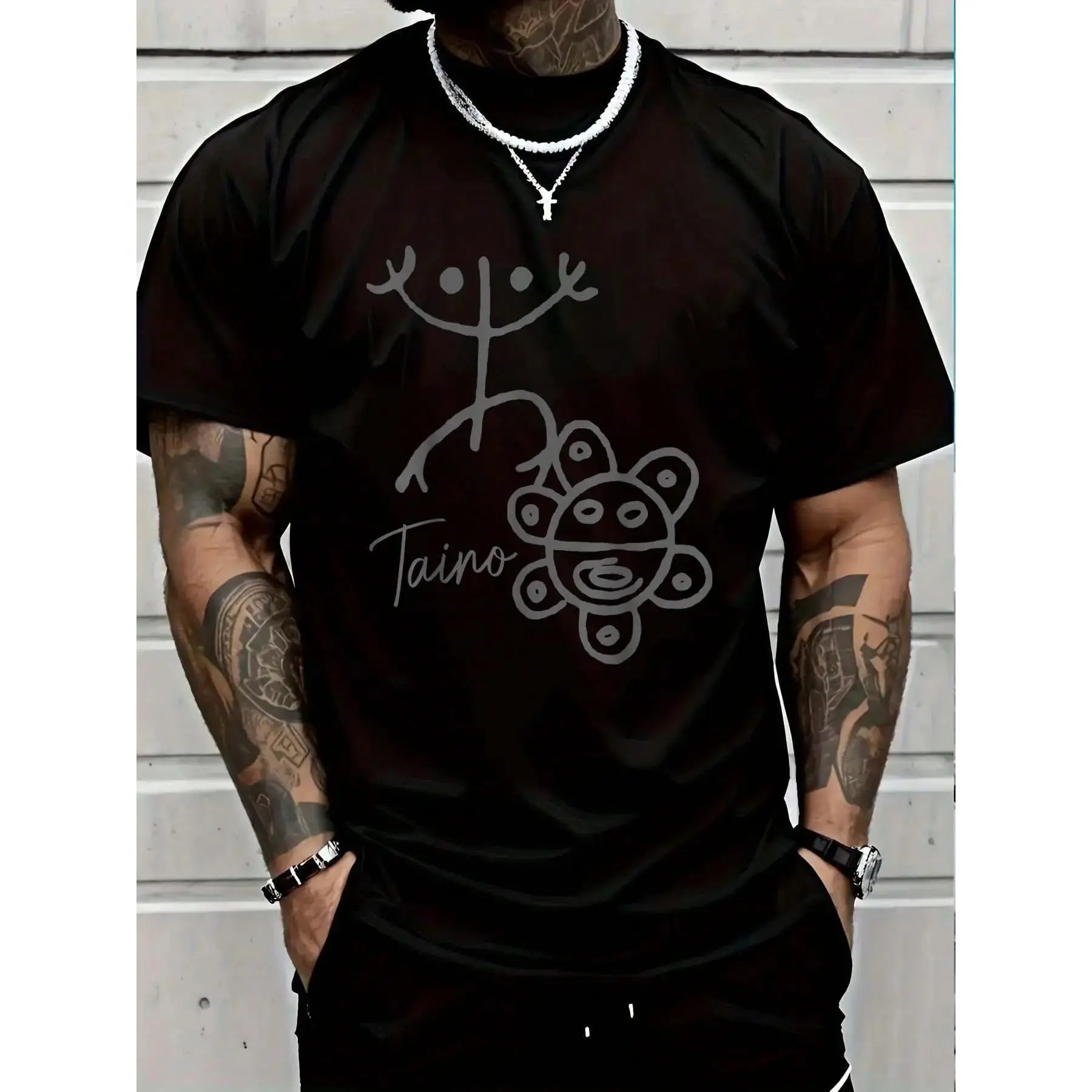 Menswear Men's Loose-Fitting Shortsleeve Round Neck Cotton Tee - Taino Sun Coqui Puerto Rican Boricua Pride Graphic Print, Breathable Fabric, Reinforced Stitch, Machine Washable Casual Wear Summer Top