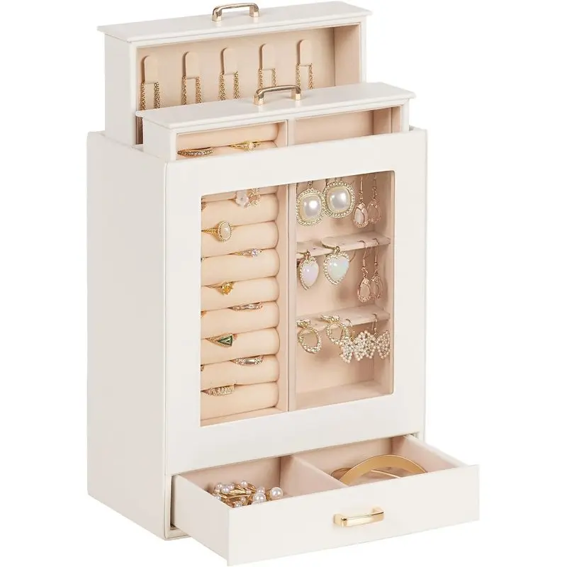 Jewelry Organizer Girls Women Jewelry Box for Necklaces Rings Earrings Gift Bracelets Storage Case (White + Gold)