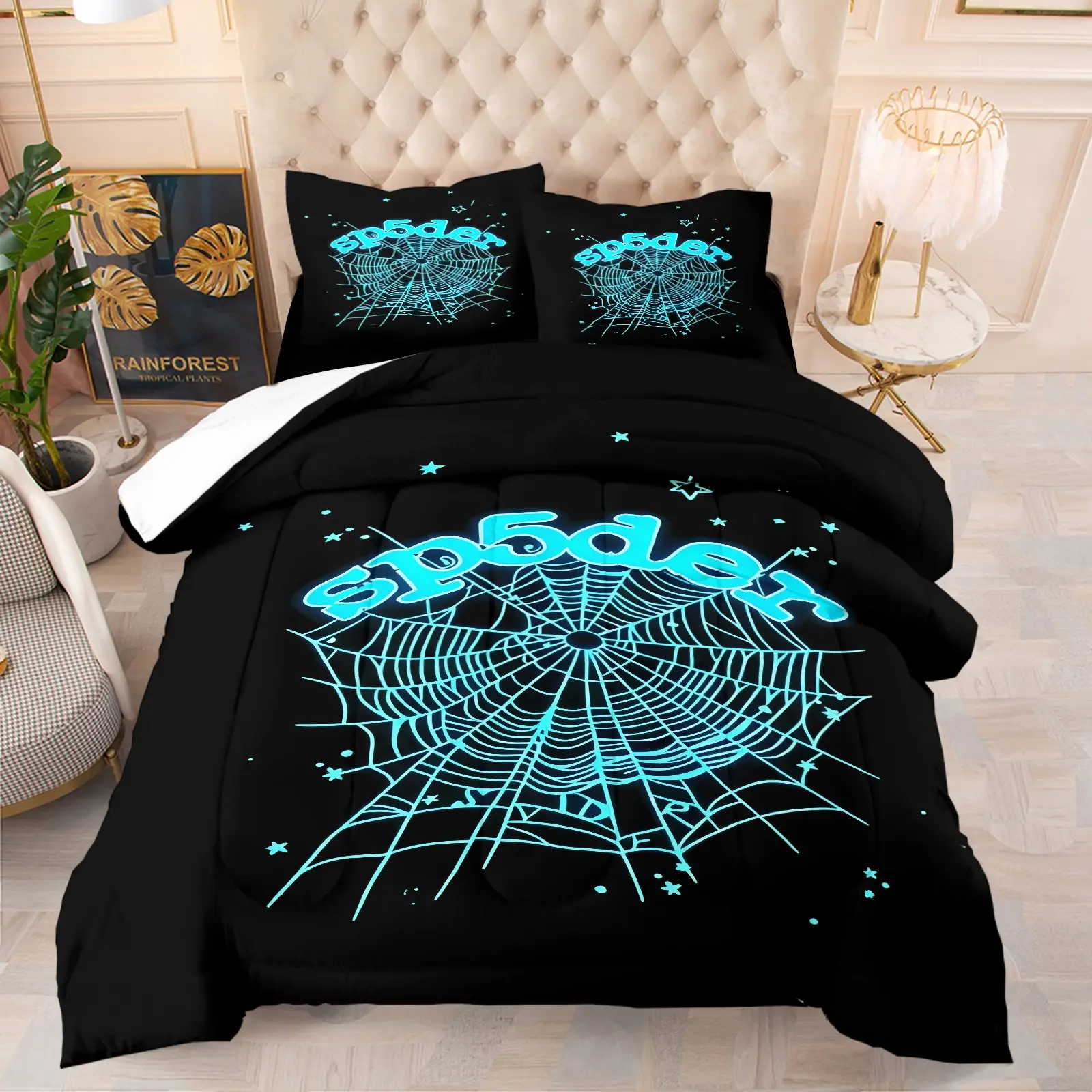 Black Base Neon Blue Spider Web Print Comforter Set, 1 Quilt + 1-2 Coreless Pillowcases, Soft Warm Puffy Streetwear Hip Hop Style Bedding, Hypebeast and Youth Bedroom Dorm Gaming Room Decor, Ideal Gift