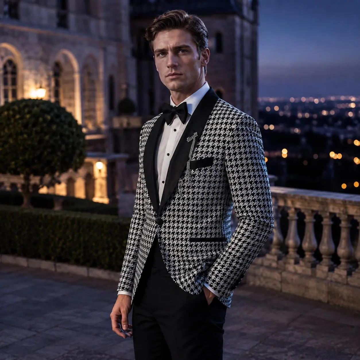 Black & White Houndstooth Shawl Lapel Tuxedo 2-Piece Set | Luxury Formal Suit For Weddings & Galas