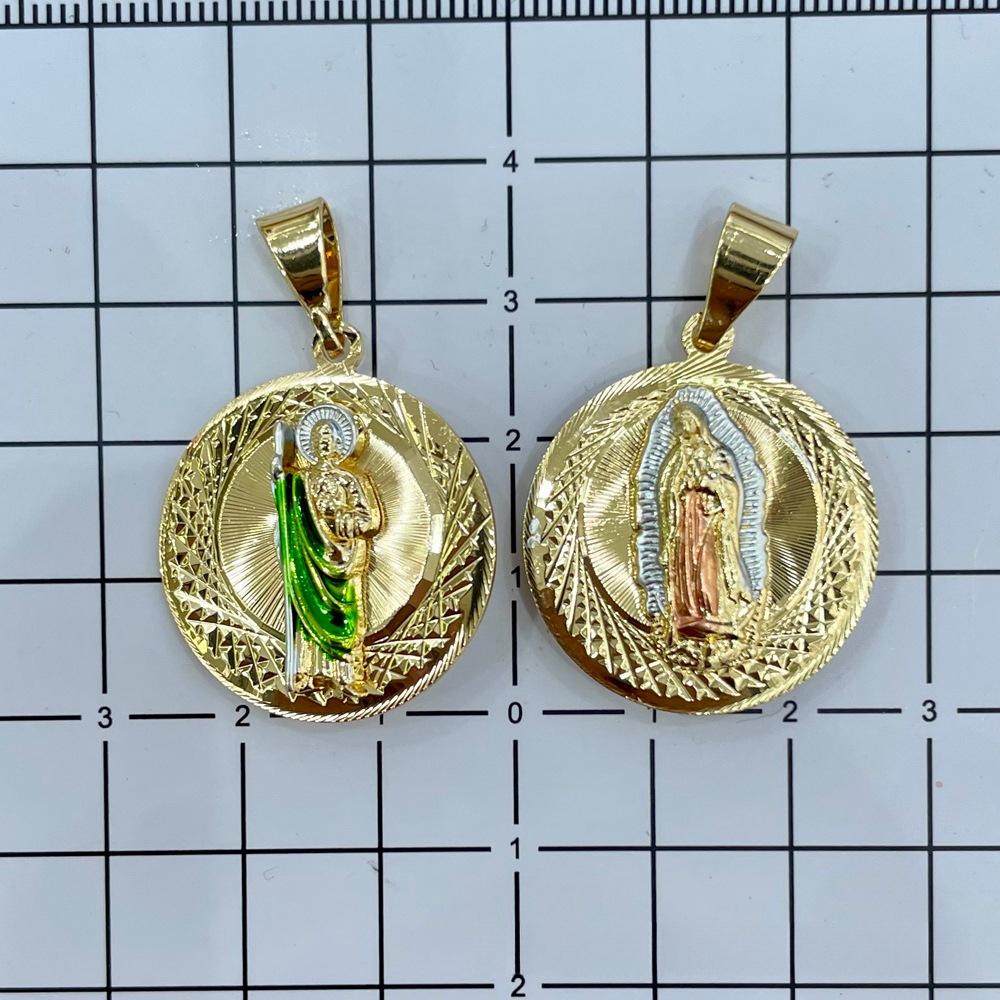 14K gold-plated Saint Jude medal pendant, religious Catholic jewelry, featuring green enamel details and a sunburst design. Suitable for both men and women, offering divine protection