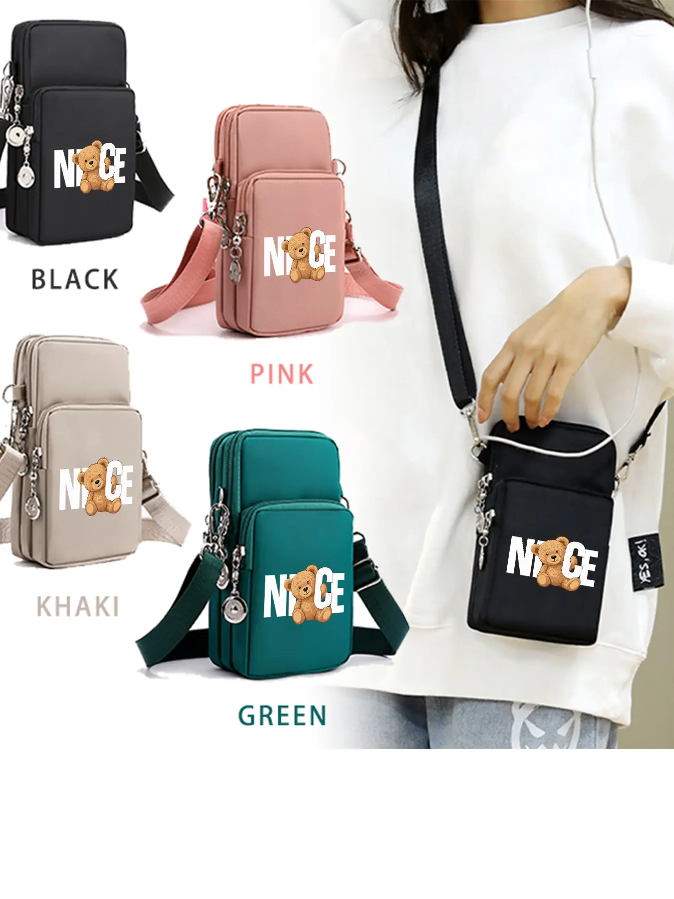 Teddy Bear NICE Pattern Crossbody Bag, Casual Shoulder Bag, Lightweight Phone Bag with Headphone Jack, Adjustable Shoulder Strap, Multi‑zipper and Multi‑pocket Design, Ideal for Daily Shopping and Commuting, A Perfect Gift.
