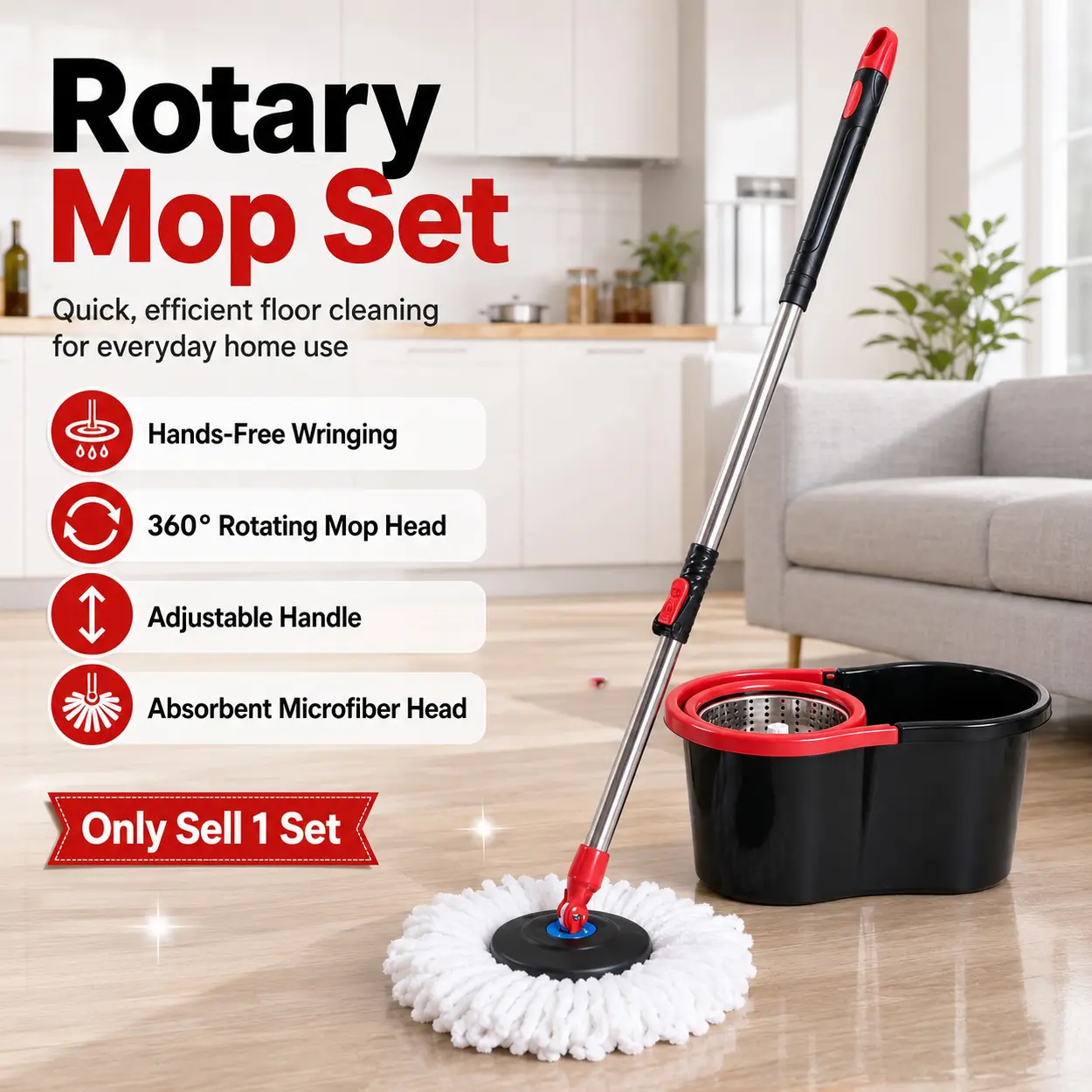 Spin Mop and Bucket with Wringer Set 1 Set 360° Rotating Mop System Hands-Free Wringing Stainless Steel Extended Handle Absorbent Microfiber Mop Head, Adjustable Floor Cleaning Mop for Home Office Kitchen Bathroom Hardwood Tile Daily Use