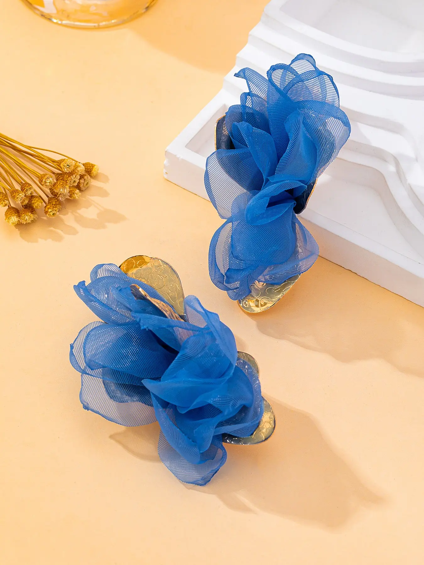 Women Bohemian Blue Organza Large Flower Dangle Earrings, Elegant Floral Design, Fashion Jewelry for Weddings and Holidays
