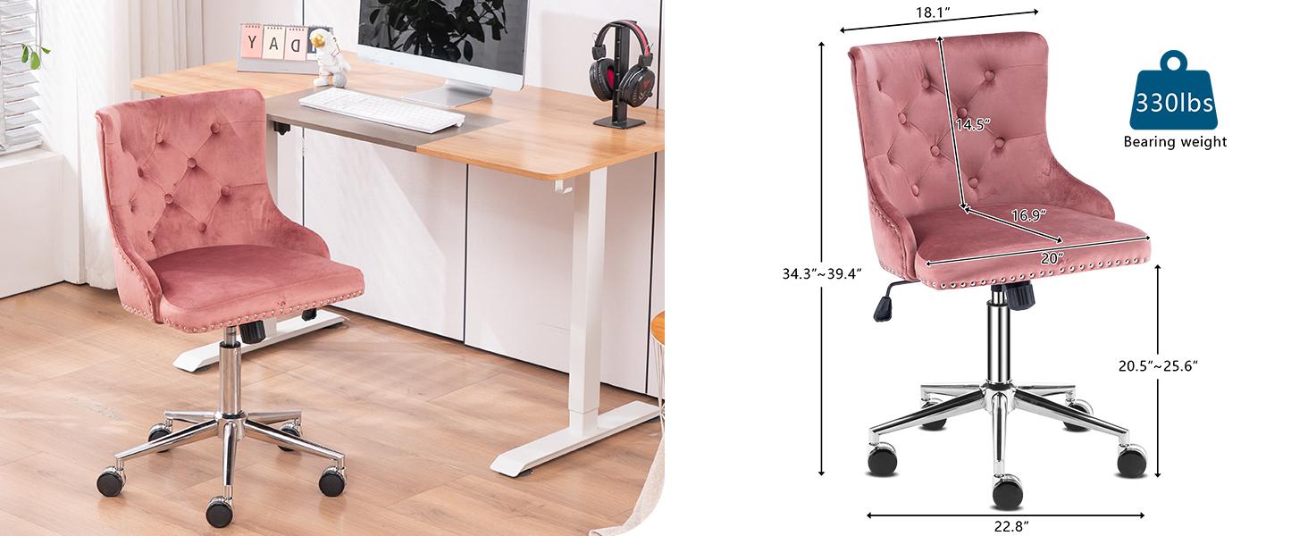 VINGLI Velvet Office Chair - Modern Upholstered Desk Chair with Adjustable Height, Tilting Mechanism, and Rolling Wheels - Pink