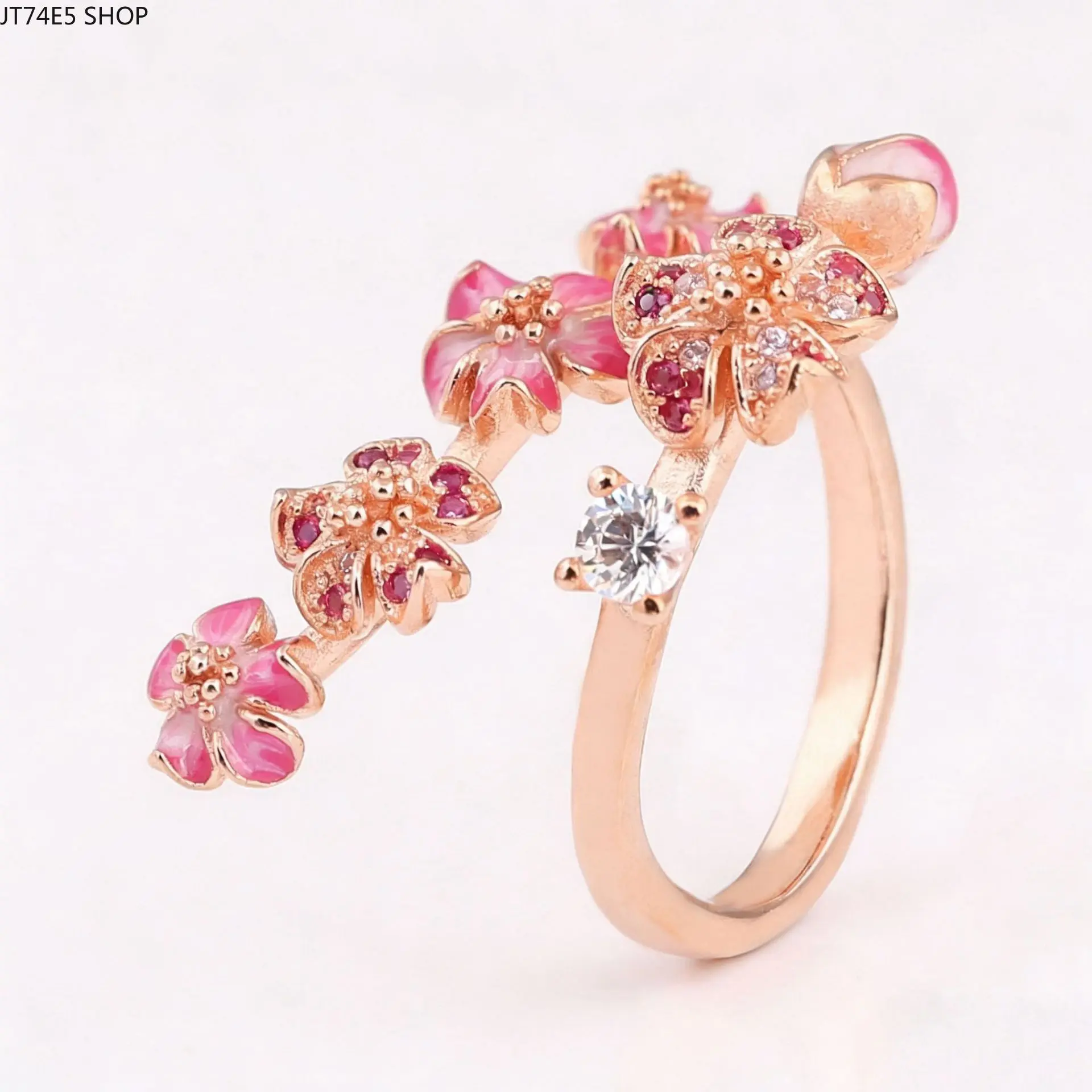 Women's Rose Gold Open Band Ring - Paved Peach Blossom, Beaded Accents, Adjustable Size, Premium Light Luxury Female Engagement Ring, Engagement Rings, Female Ring