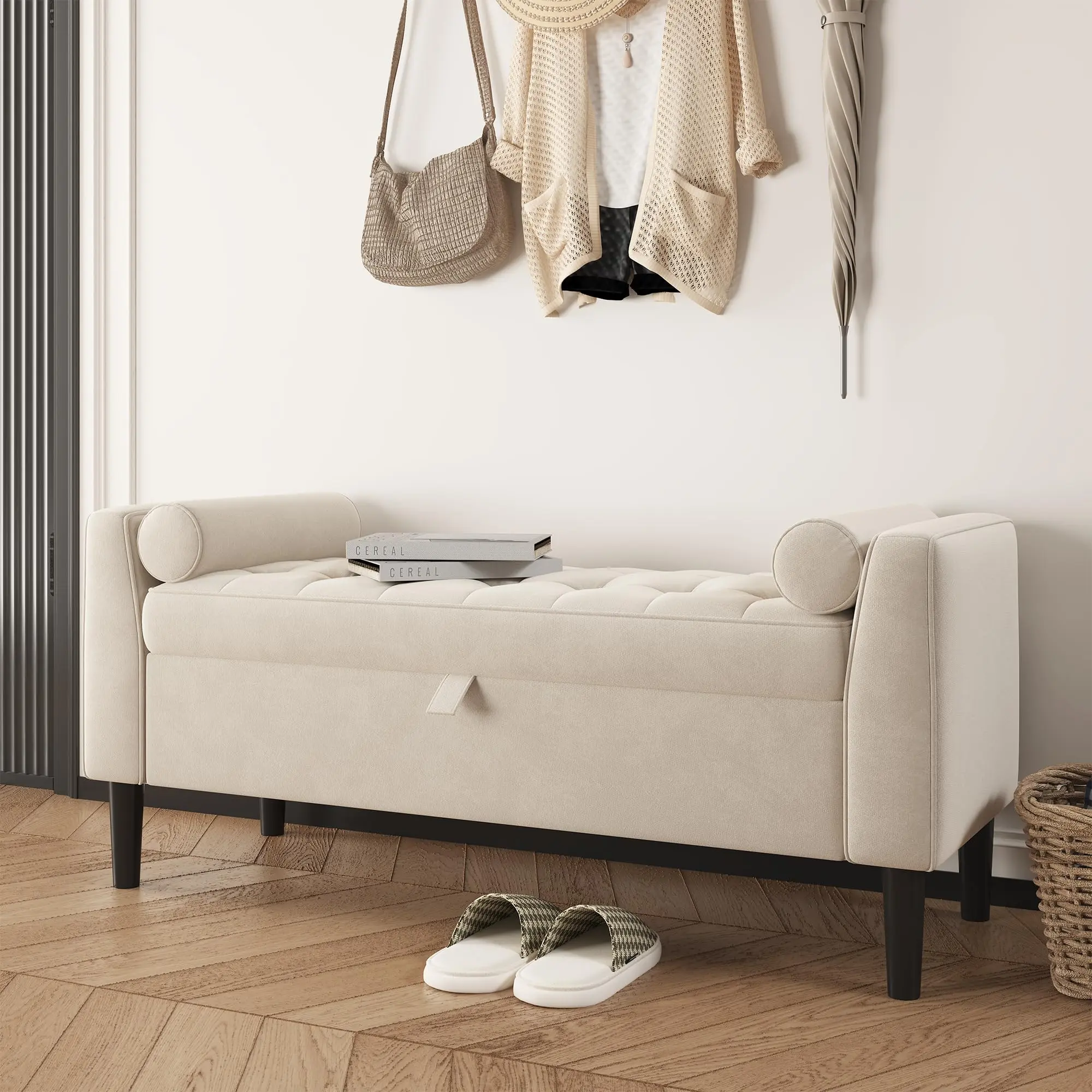 Velvet Storage Ottoman Bench 46.5" with Rolled Armrests & Wood Legs – Upholstered Shoe Bench, Footrest, and Hidden Storage for Entryway, Bedroom, Living Room, Hallway