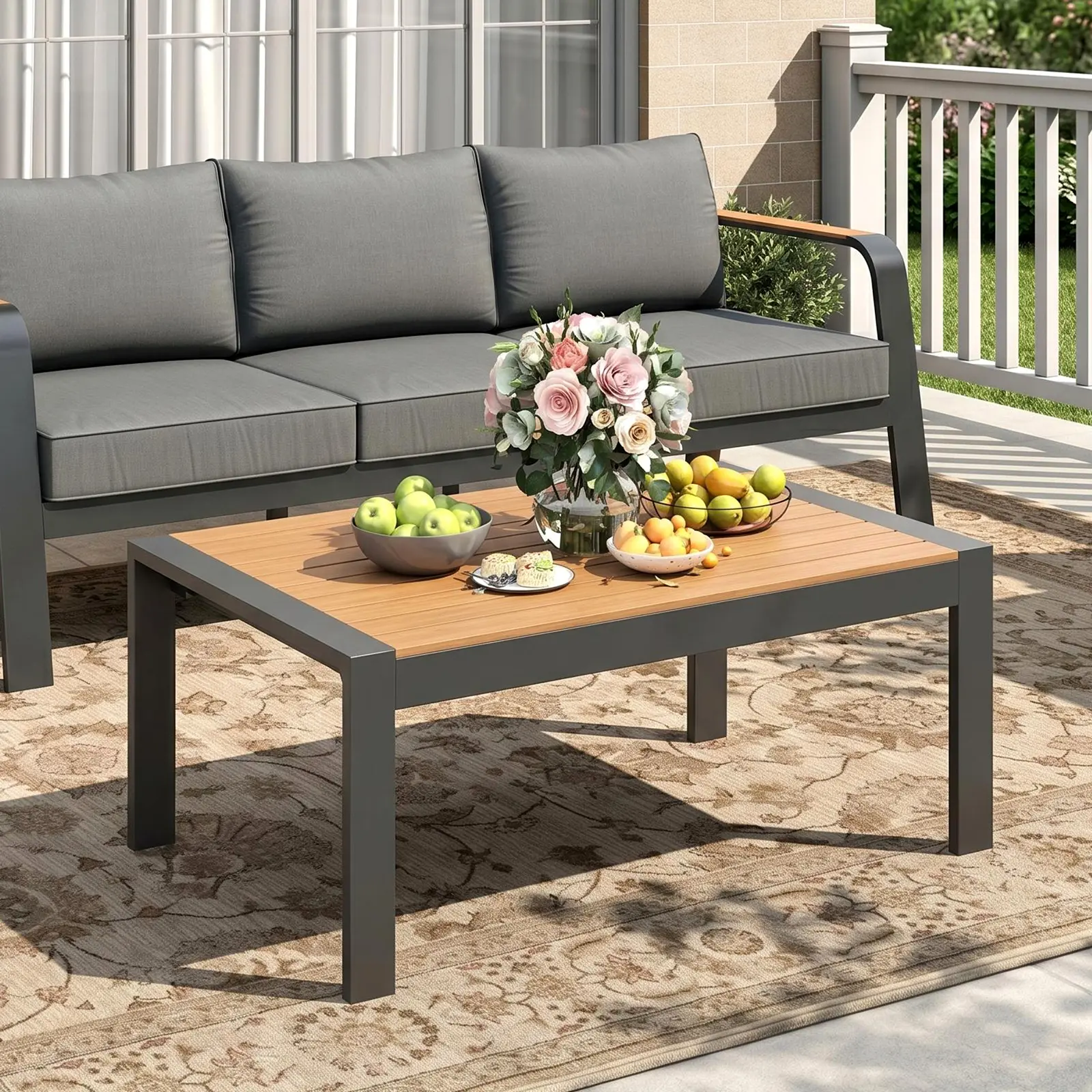 Outdoor Coffee Table – All-Weather Aluminum Patio Table, Rectangle Outside Coffee Table with Realistic Wood-Look Tabletop for Patio, Deck, Backyard, Garden & Poolside