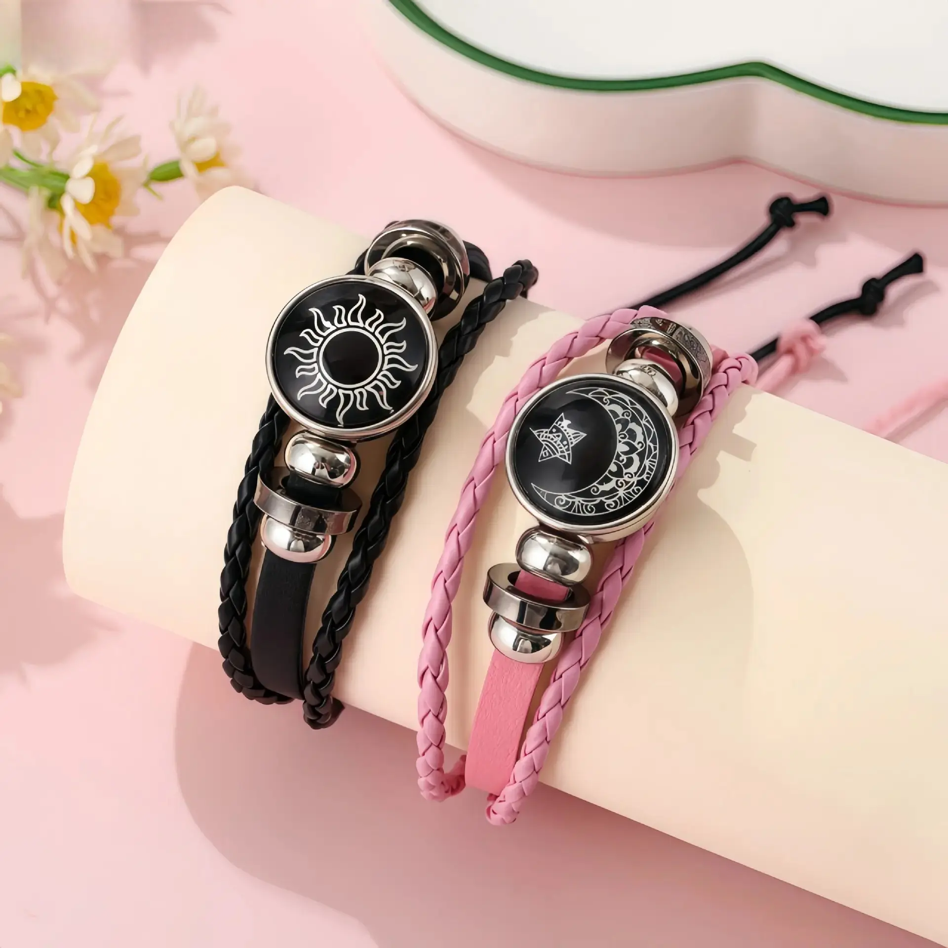 Sun Moon Couple Bracelet - Multi-Layer Hand-Woven Leather Chain with Time-Inlaid Gems, Matching BF and GF Jewelry, Women's Gifts, Men's Accessories, Accessories for Women Holiday Wrist Jewelry, Womens Gifts, Bracelets, Gifts For GirlfriendLumina