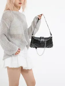 Y2K Gothic Rivet Hobo Bag, Vintage Silver Crocodile Pattern Chain Shoulder Bag, 2000s Aesthetic Punk Handbag for Women, Streetwear Grunge Crossbody Bag for Club, Party & Daily