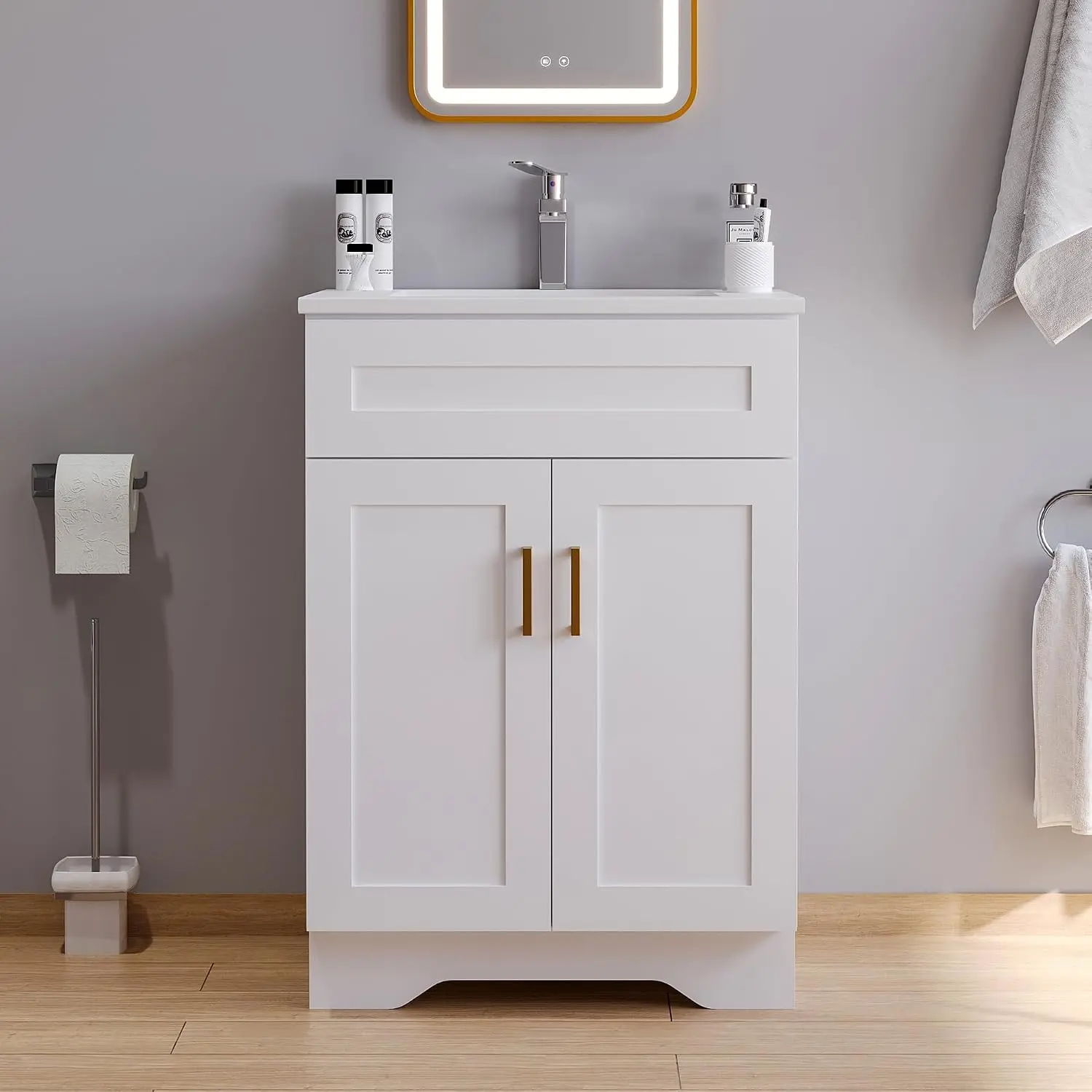 Bathroom Vanity  24 Inch, Wooden Bathroom Sink Cabinet with Double Door, Freestanding Vanity Cabinet with Sink and Countertop (White,24")