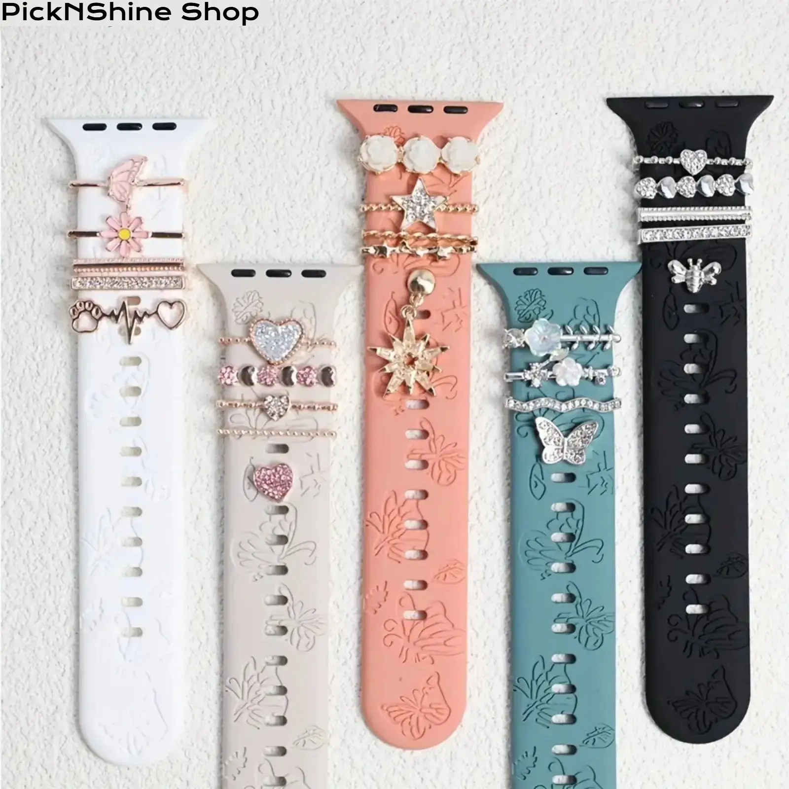 Women Butterfly Engraved Silicone Apple Watch Band With Decorative Rings Charm Bracelet Style Soft Comfortable Sport And Daily Wear Compatible With All Series Ultra SE 1-11 38-49mm Y2K Aesthetic Minimal Floral Strap Replacement Band