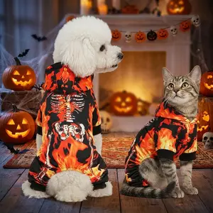 1 Piece of Dog Pajamas Pet Halloween Flame-Skull Hooded Four-Legged Jumpsuit Clothes, Black-Orange Color + Flame-Skeleton Print + Hooded Design Dog Pjs Dog Onesie, Cute Soft Breathable Puppy Pajamas Suitable for Small Medium Dogs Cats Pets Apparel