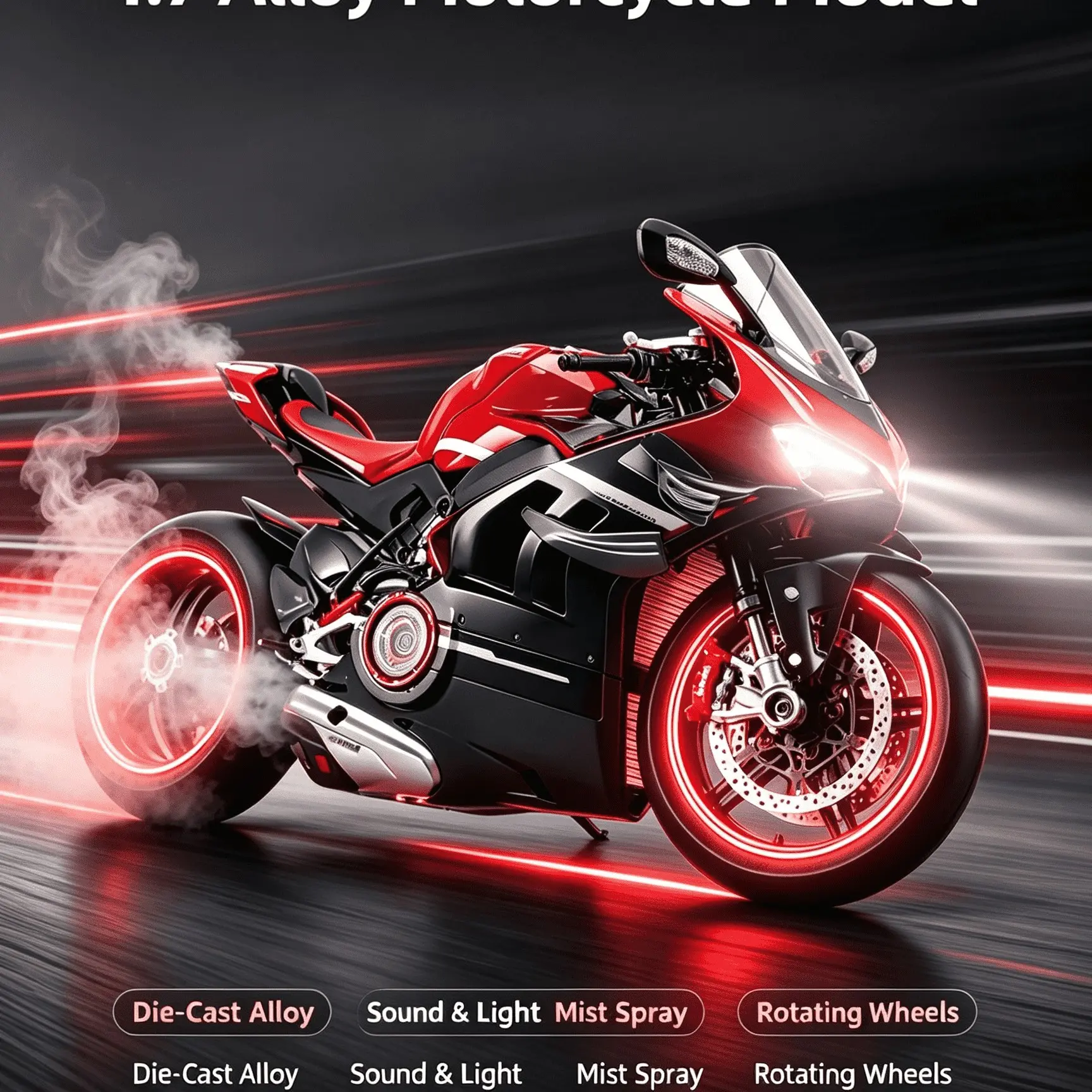 Dynamic spray model of alloy motorcycle with frame, capable of emitting smoke spray, + key ignition start + sound effect. A home desk decoration item. Birthday gift box for boys or boyfriends. Collection and gift toy car model.