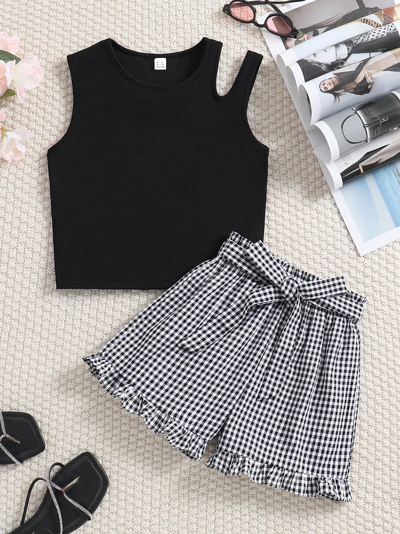 Girl's Plain Tank Top & Bow Decor Plaid Print Shorts Two-piece Set, Casual Sleeveless Top & Shorts Outfit for Daily Wear, Kids Summer Clothes, Clothing