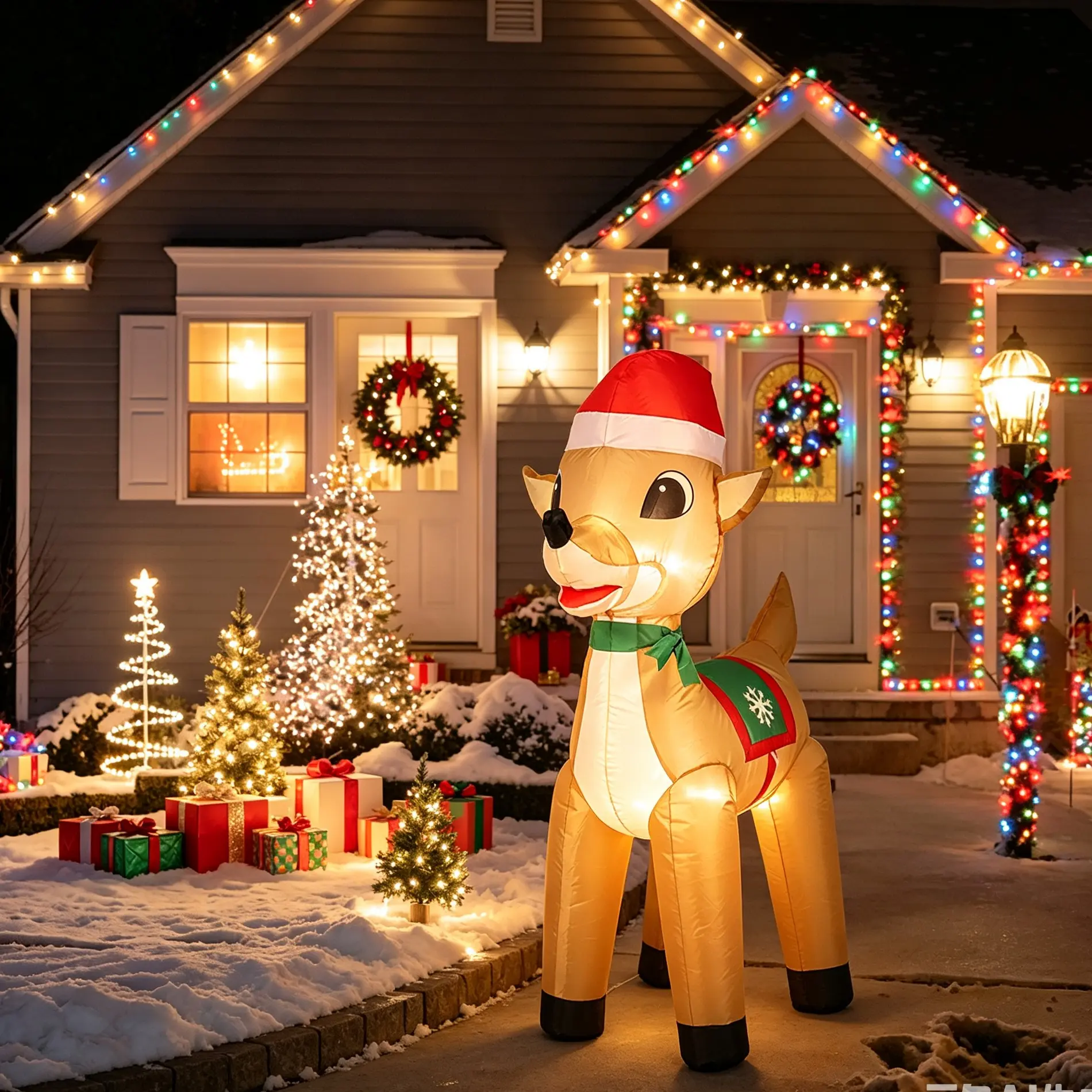 Christmas Inflatable Reindeer Light-Up Decoration, Outdoor Party Decor, Waterproof Durable Fabric, Plug-And-Play, Festive Scene