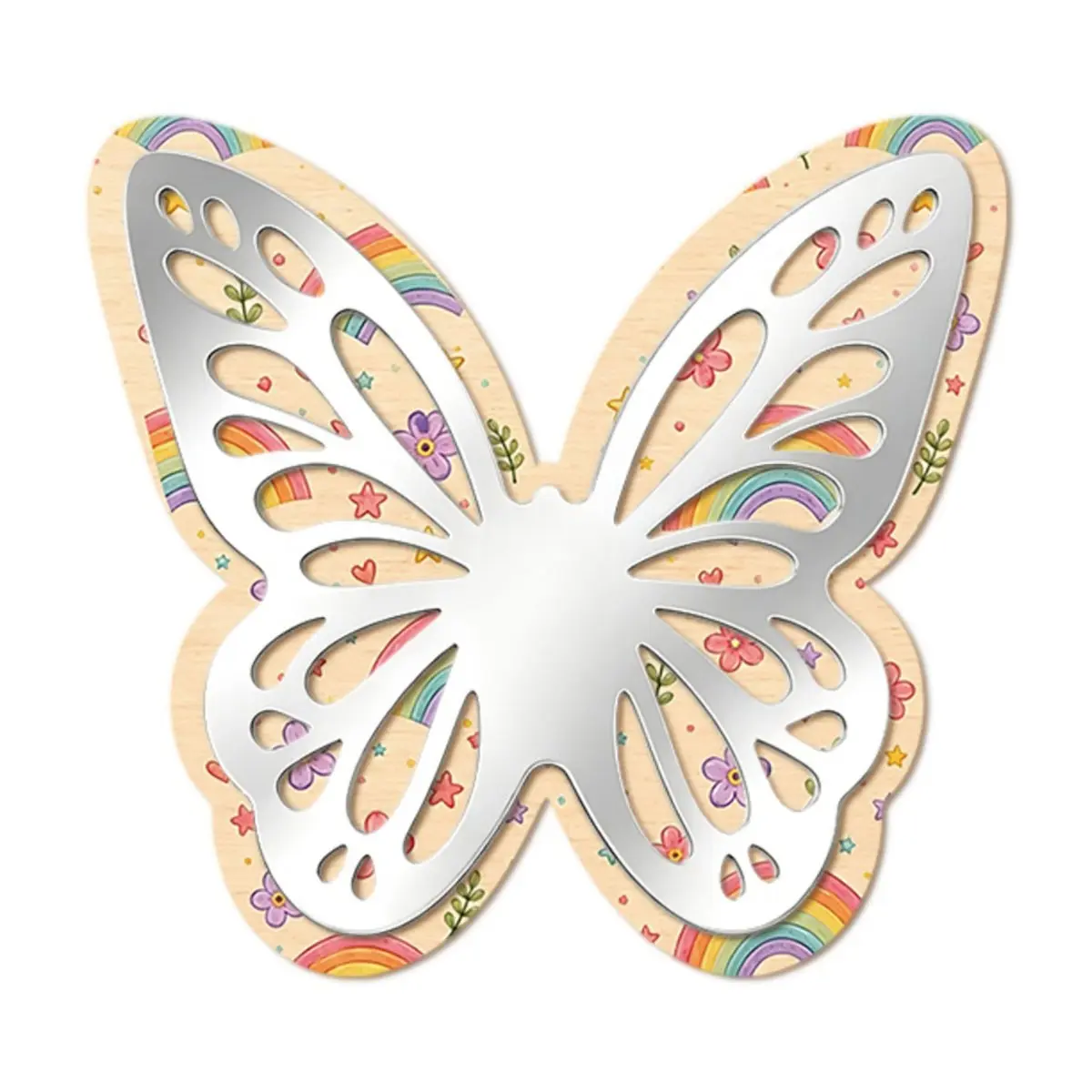 Wooden Butterfly Wall Mirror, Hollow Acrylic Mirror Decor, Rainbow Floral Print, Cute Butterfly Shaped, Boho Decor for Kids Bedroom