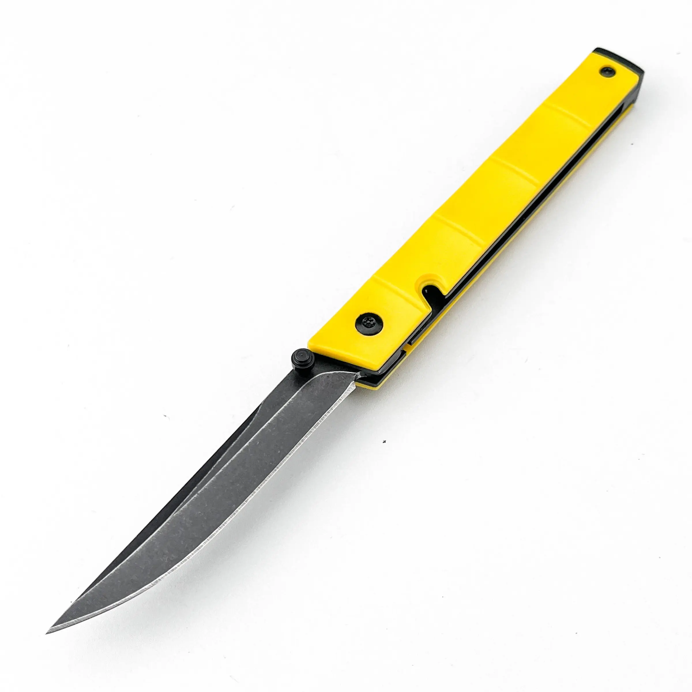 Multifunctional portable folding knife, with a bright yellow nylon and fiberglass handle, and a black-coated 8Cr13Mov blade. It has excellent cutting performance and is suitable for daily unpacking, manual cutting, and light outdoor operations.