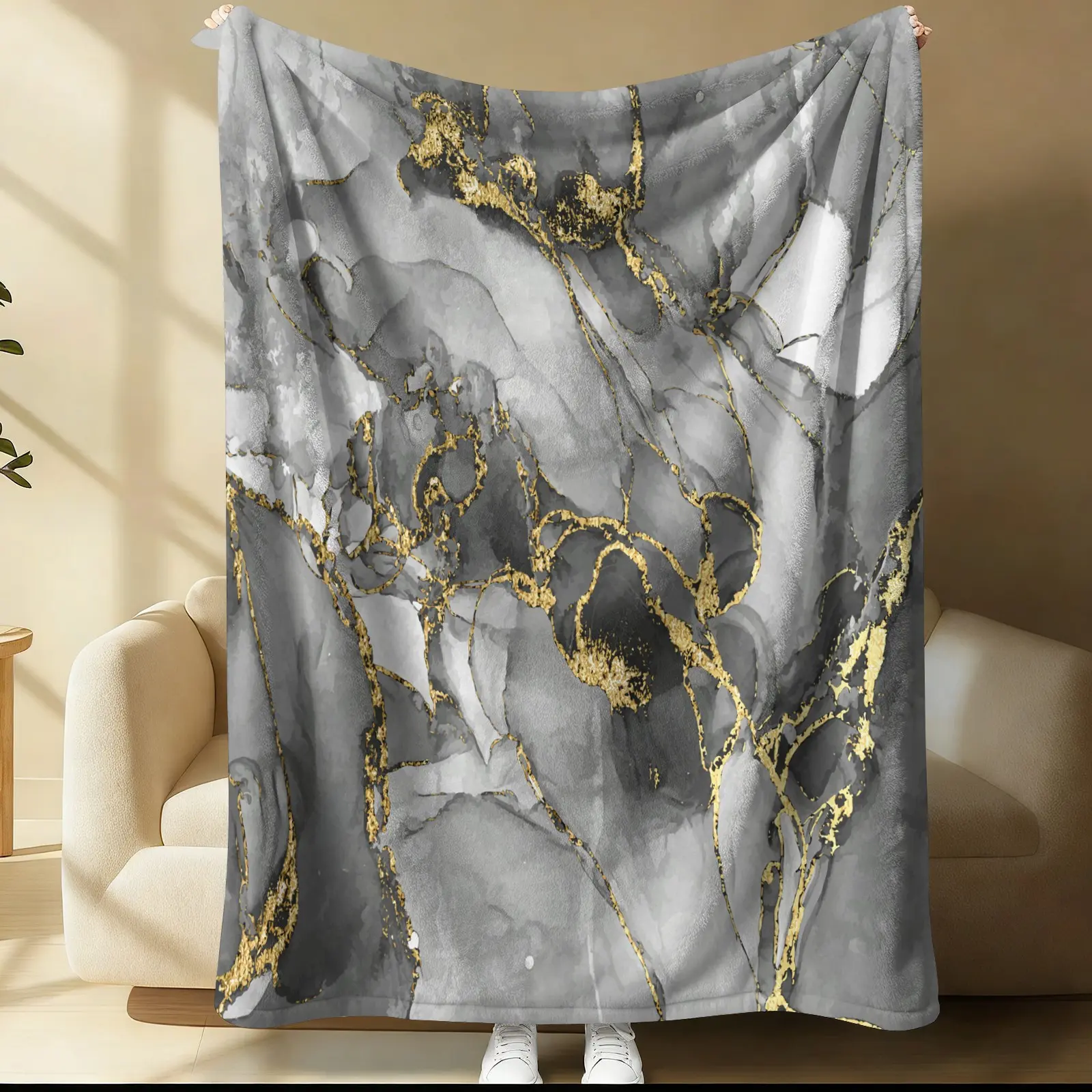 Luxury Gray Marble Golden Vein Flannel Blanket, Luxury Abstract Texture Throw Blanket, Ultra-Soft Cozy Warm Blanket, Elegant Marble Print Gift Blanket, For Adults Men Women Couch Bed Sofa Office Travel